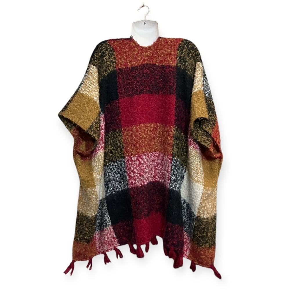 Quagga Women's Red, Gray, Tan, Black Checkered Oversized Shawl/ Cape One Size - Picture 2 of 4